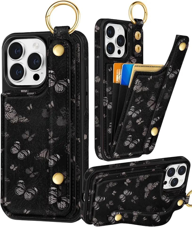 Petitian for iPhone 15 Pro Max Wallet Case for Women, Black Butterfly
