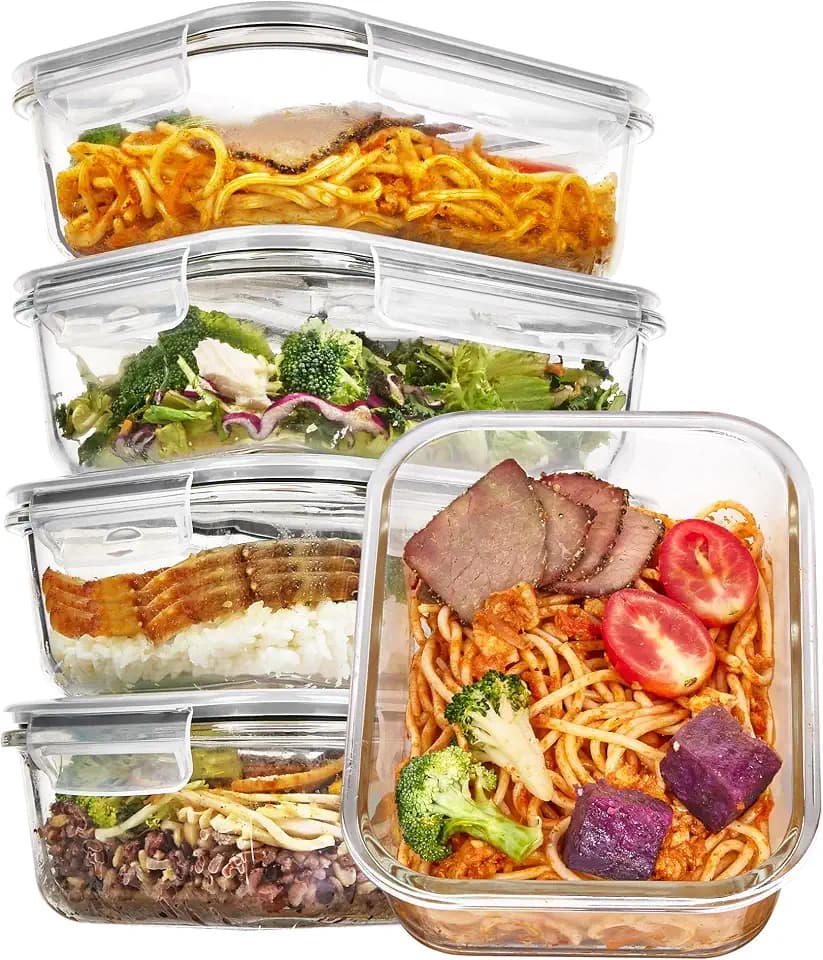 Vtopmart 5 Pack 35oz Glass Food Storage Containers with Lids, Grey