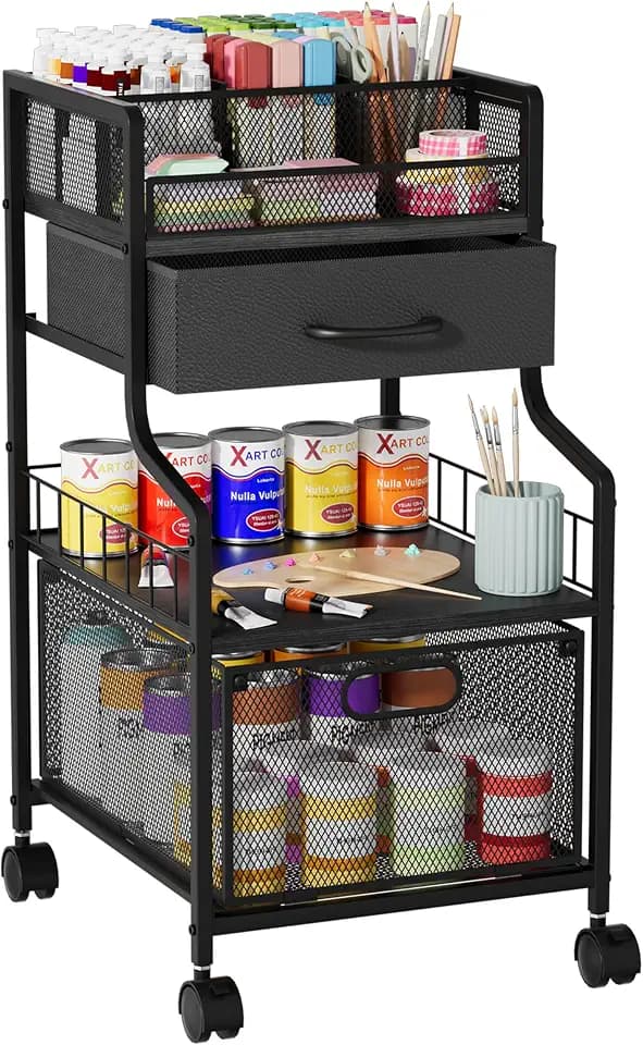 SWTYMIKI Under Desk Storage Cart- Art Storage Cart with Drawers & DIY Divider - Office Cart Organizer Under Desk Shelf, Craft Rolling Cart for Office, Craft Room & Studio Black