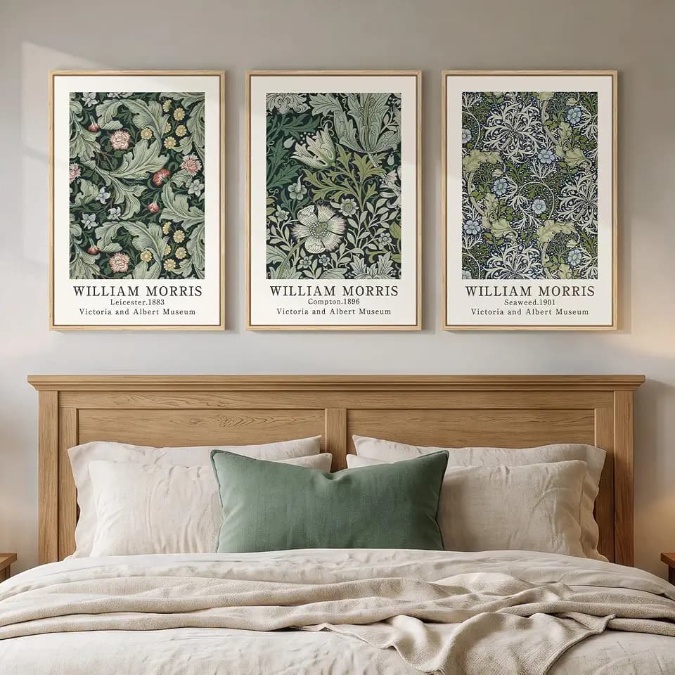 Framed William Morris Green Floral Canvas Wall Art Set of 3, 16x24 In