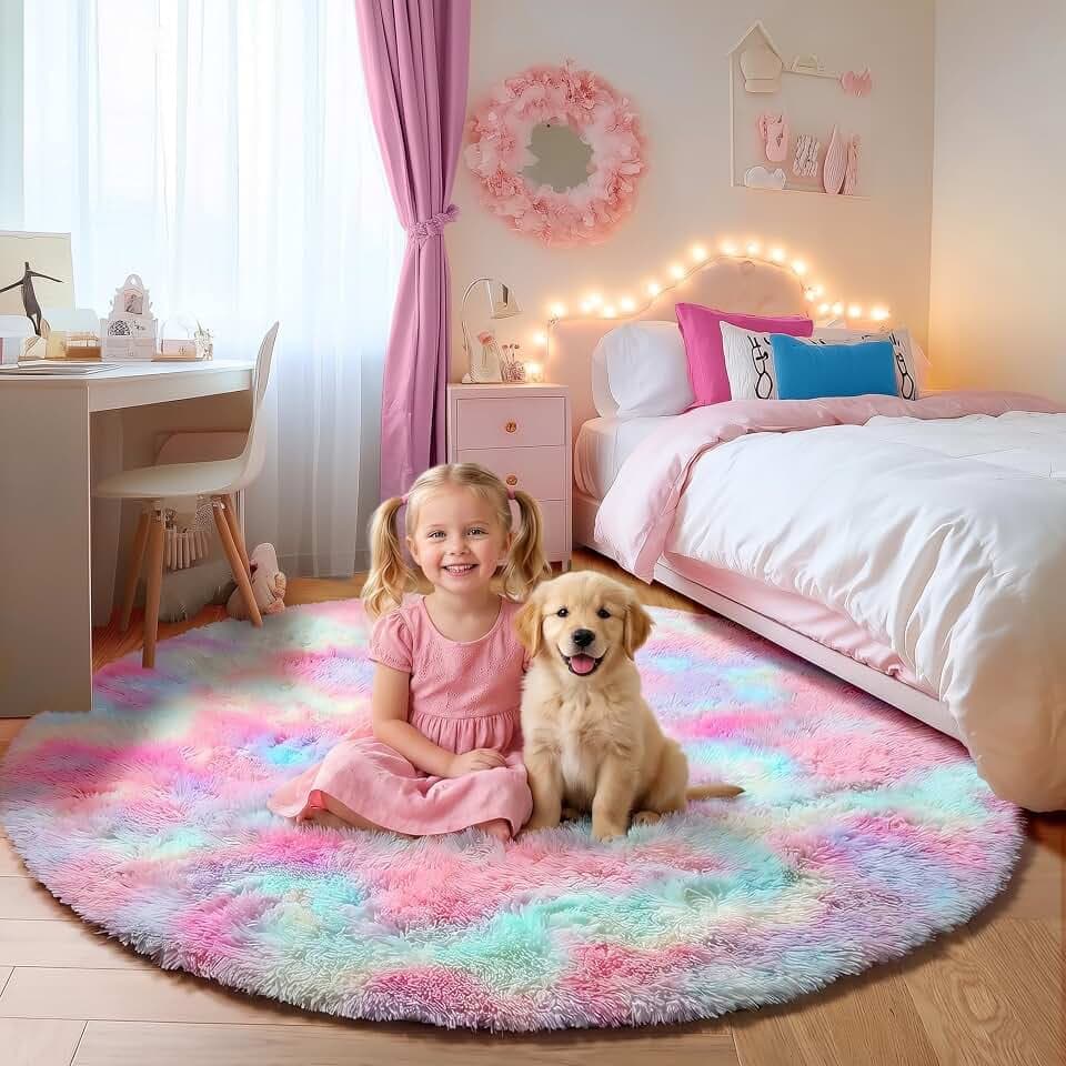 ONASAR Rainbow Round Area Rugs 5ft, Soft Bedroom Circle Rug Mats for Kids Girls Teen Room, Kawaii Fluffy Plush Shaggy Carpet for Dorm Nursery Living Room Playroom Home Decor Princess Castle
