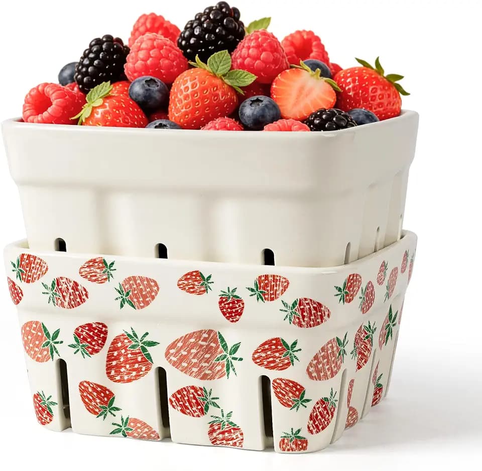 AELS Ceramic Berry Basket, 5.9" Large Size Container for Fruit & Vegetables, Farmhouse Fruit Bowl, Strawberry Decor, Farmers Market, White Pink and Cute Strawberry Pattern, Stoneware Harvest Bowls for