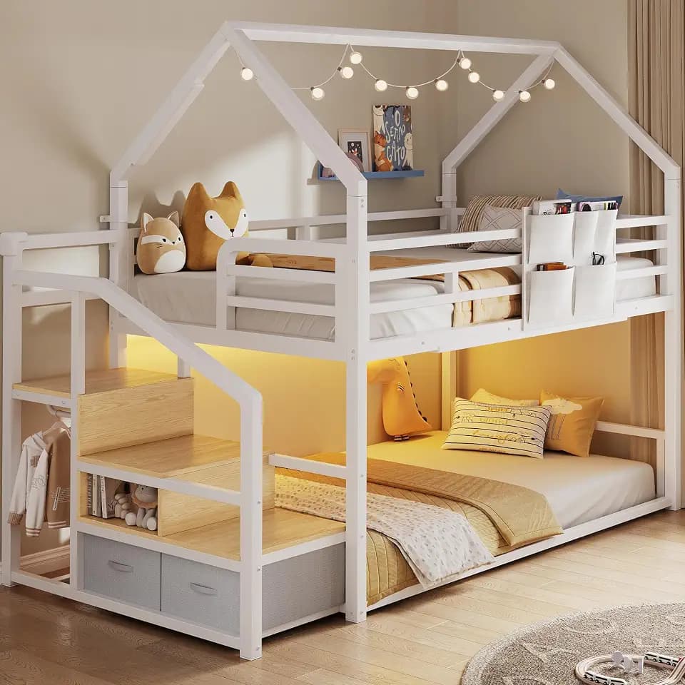 Jocoevol Metal Bunk Bed Twin Over Twin with Storage Staircase, Clothes Rack, LED Twin Bunk Beds for Kids with 2 Storage Drawers, Full-Length Guardrail, No Box Spring Needed, Easy Assembly, White