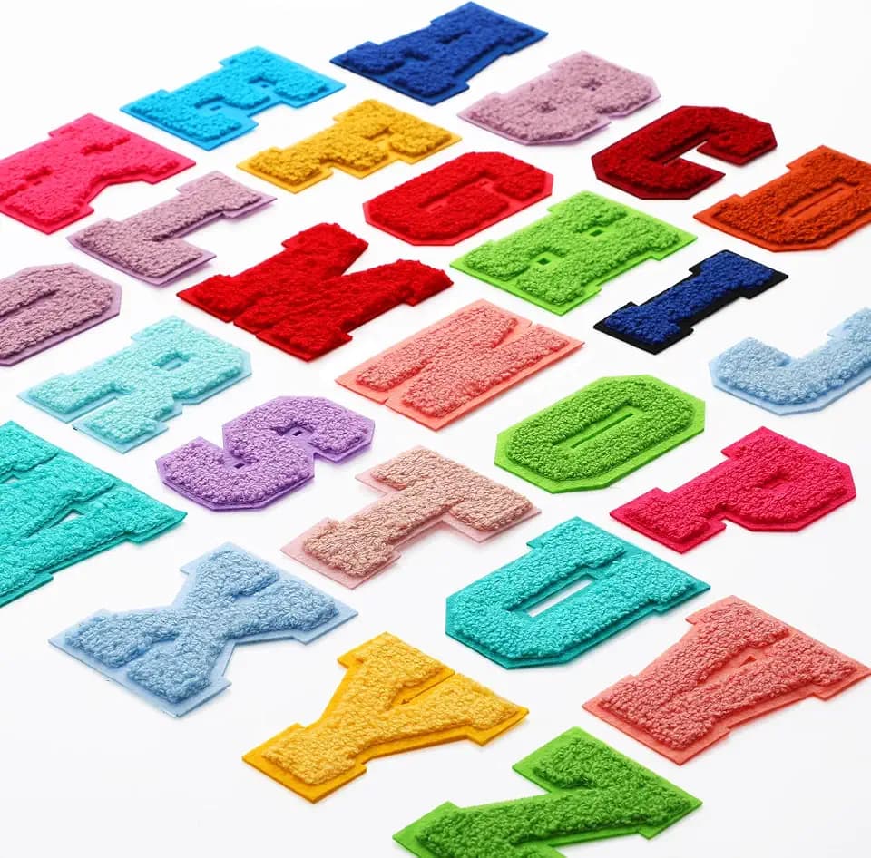 Waydress 26 Pcs Preppy Chenille Letter Iron on Letters Patches 2.8 Inch Self Adhesive, Sew on Chenille A-Z Alphabet Letter Patches for Clothing DIY Supplies(Adorable Style)