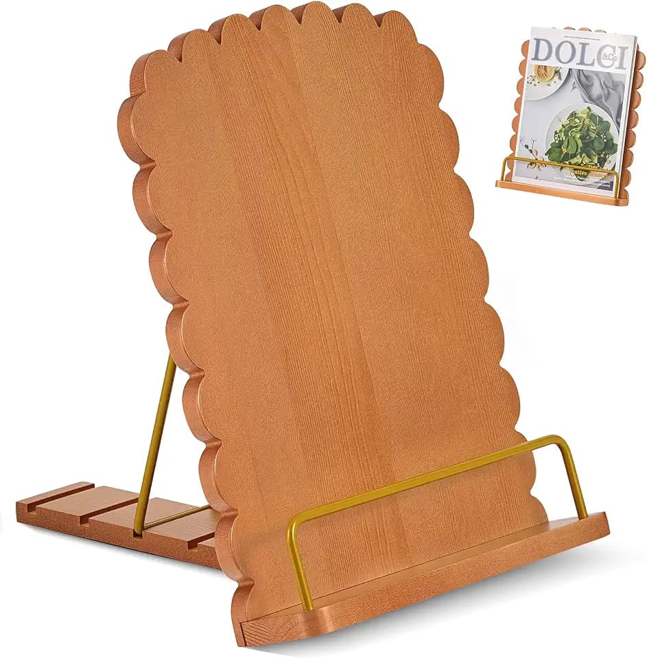 Cookbook Stand for Kitchen Counter, Adjustable Angle Wave Edge Wooden Cookbook Holder for Convenient Cooking, Recipe Book Holder Fits Tablets, Perfect Cooking Gifts for Women (Golden-Yellow)
