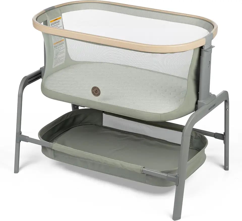Maxi-Cosi Iora Baby Bassinets Bedside Sleeper, Portable Bassinet, Infant Bedside Sleeper Crib, Height Adjustable, Breathable Mesh, Large Storage Basket, Classic Green