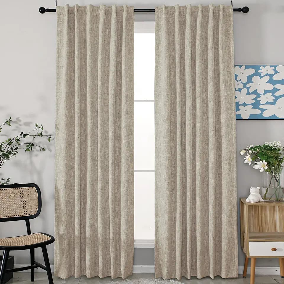 INLINAS Faux Linen Knotted Texture Blackout Curtains - 100% Light Blocking, Noise Reducing Triple Layer Fabric Back Tab and Rod Pocket for Bedroom, Set of 2, Beige, 52 x 96 Inch