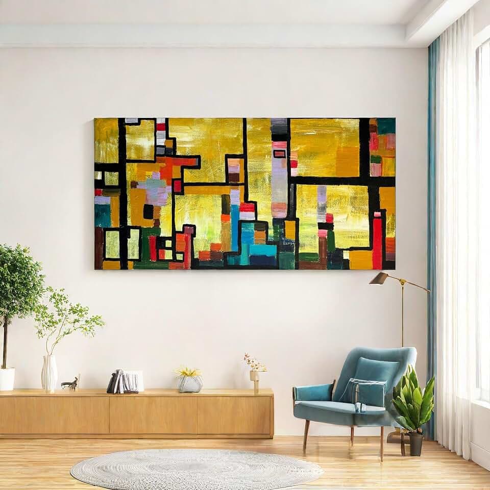Urban Chaos - 24"x48" Hand-painted Abstract Expressionism Canvas Wall Art Decor - City Life Under Dust Storm - Large Colorful Painting for Living Room Home Office - Textured & Stretched (#10)