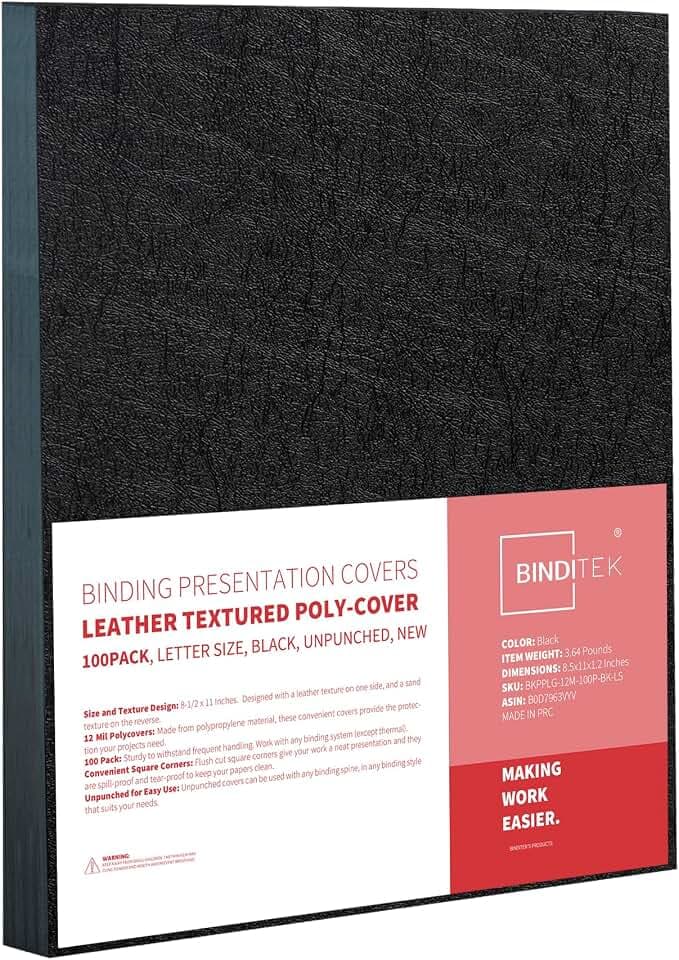 Binditek 12 Mil Leather-Textured Polycovers, 8.5x11 Inches, Black, 100 Pack
