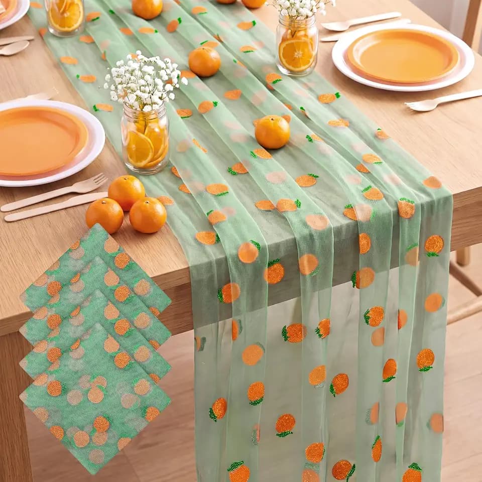4 Pcs Green Orange Citrus Glitter Tulle Table Runner 29x70