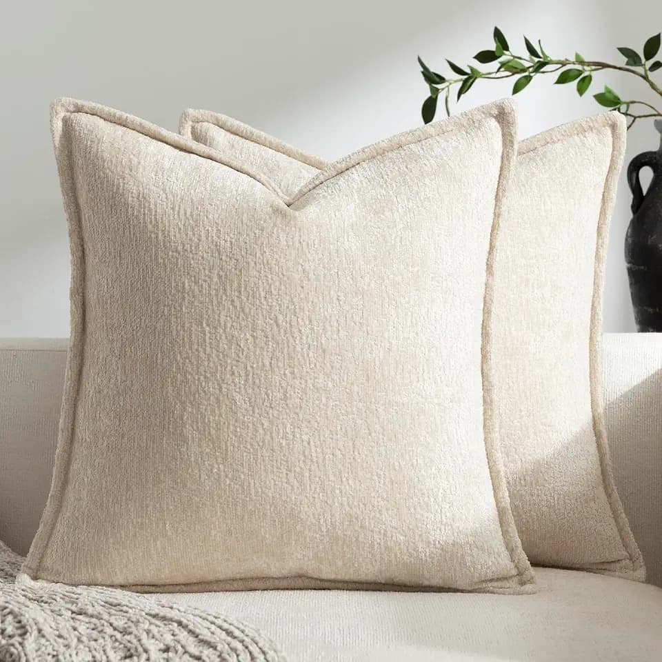 DEZENE Pack of 2 Beige Decorative Throw Pillow Covers 18x18 Cozy Soft Chenille Boho Accent Vintage Farmhouse Square Couch Pillow Covers for Home Decor Bed Sofa Living Room