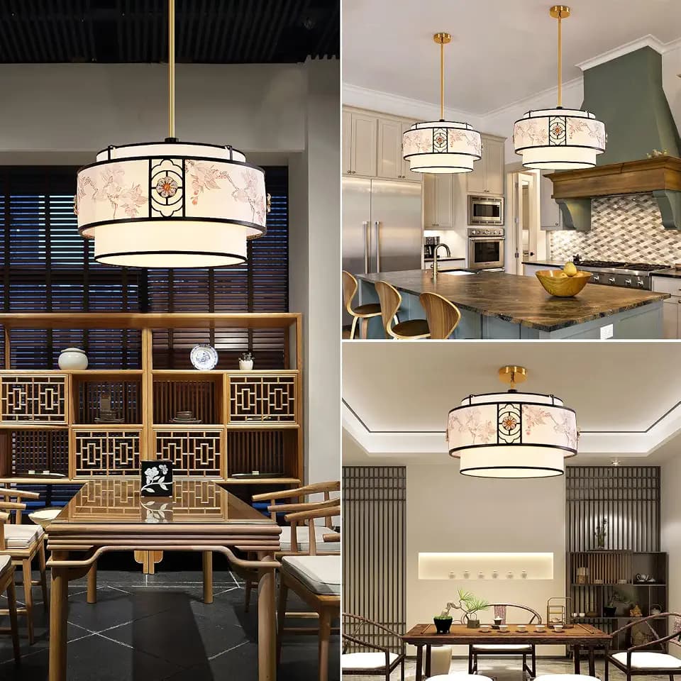 A 19.6-inch black and white drum-shaped Bohemian-style chandelier, featuring a simple fabric surface treatment, is suitable for bedrooms, study rooms, dining rooms, living rooms, and kitchen islands.