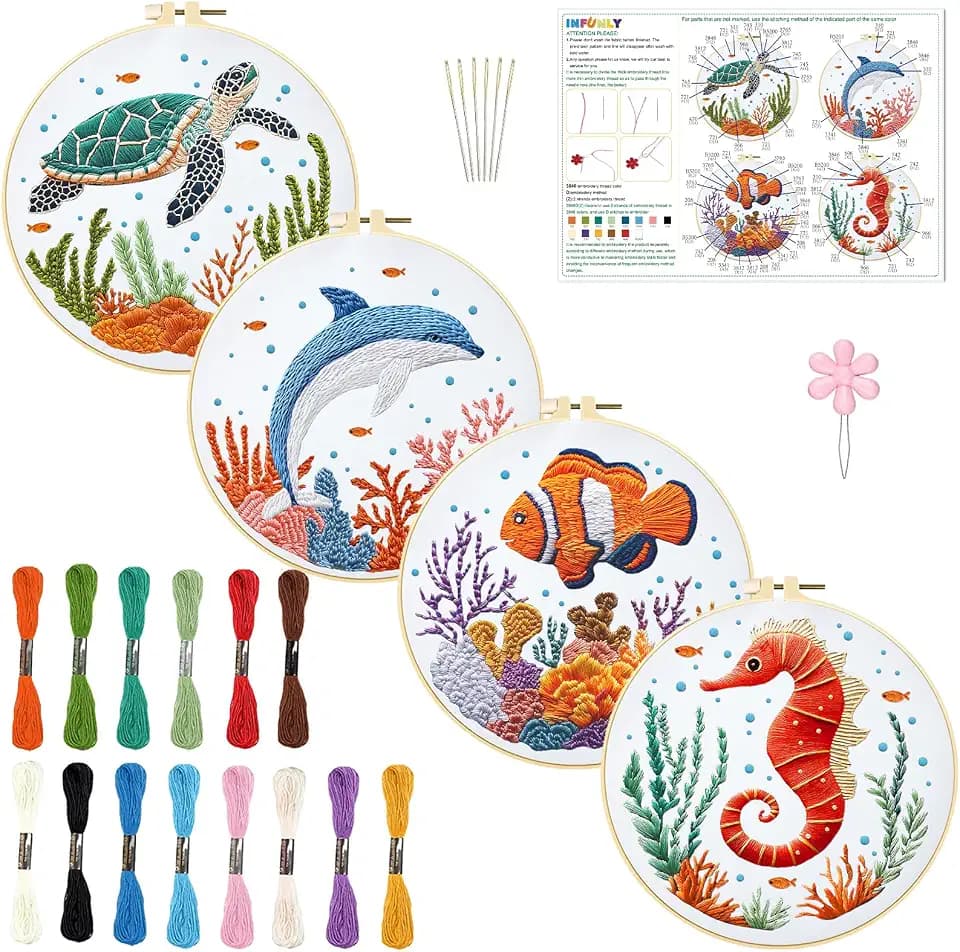 INFUNLY 4 Sets Whale Embroidery Kits for Beginners DIY Cross Stitch Starter Kits with Turtles Seahorses Patterns Fish Sea Animals Embroidery Kits with Instructions Embroidery Cloth Hoops Threads Tools