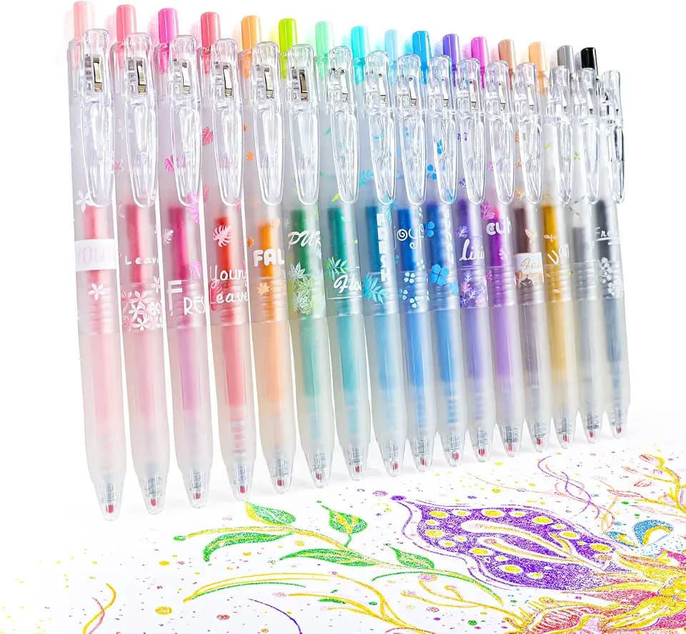 HANKU Glitter Gel Pens 16-Color 0.7mm Retractable for Coloring Journaling
