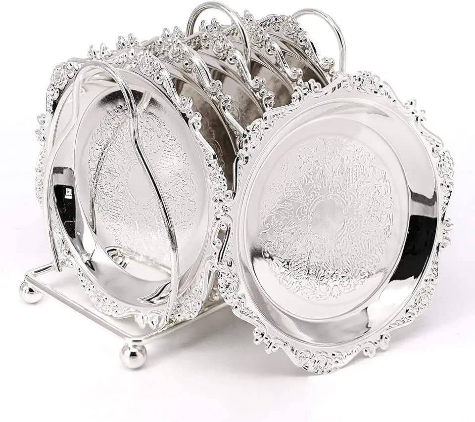 Round Galvanized Metal Pattern Plates, Set of 7 Pieces Mini Cake Plates Metal Wedding Birthday Party Dish Cupcake plates(Silver)