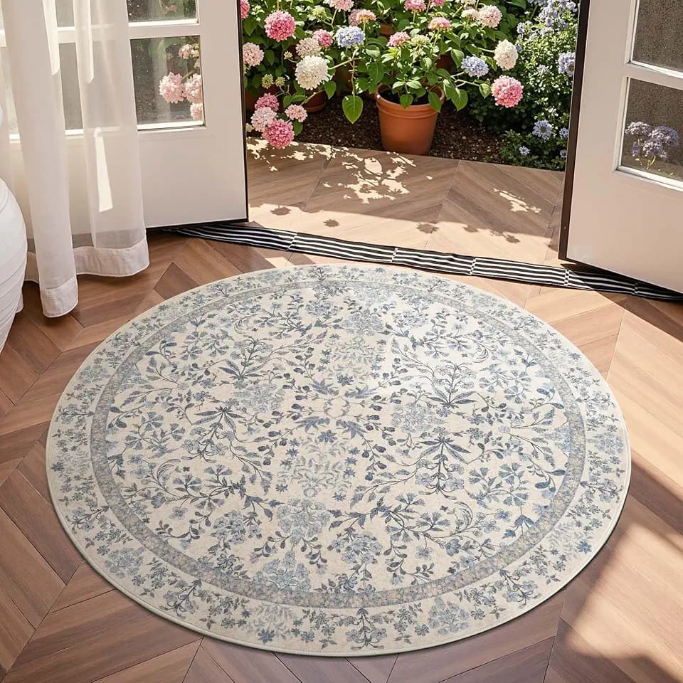 jinchan 4ft Washable Round Area Rug, Soft Floral Non-Slip, Blue/Cream