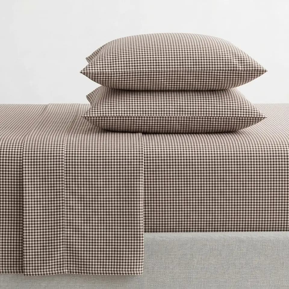 Martha Stewart - Twin Sheet Set with Fitted Sheet & Pillowcase, Cotton Percale Bedding with a Smooth Feel, Deep Pocket, Gingham Brown