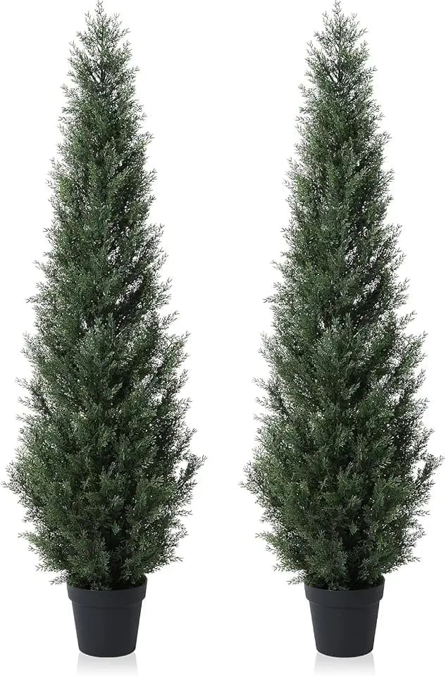 6 Feet Pre-Potted Evergreen Outdoor Artificial Cedar Tree for Front Porch Decor, Outdoor Entryway Decor Fake Tree, Tall Faux Tree with UV Resistant Coating (2 Pack)