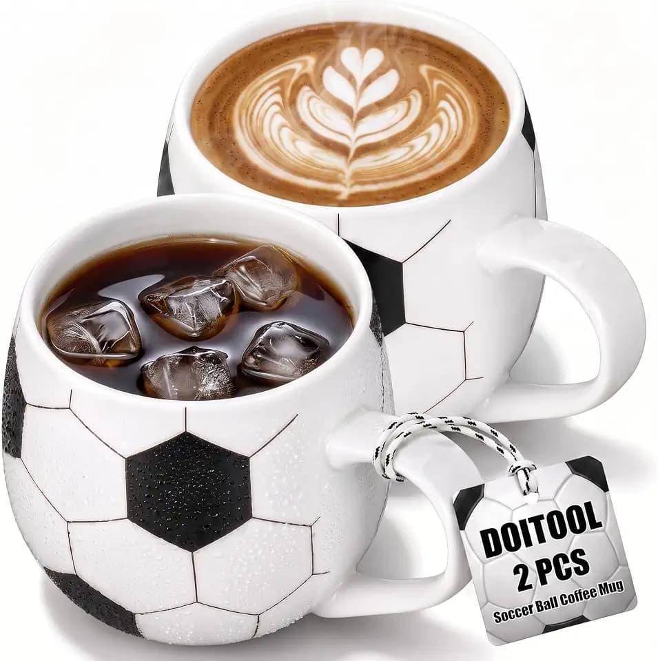 Soccer Ball Ceramic Mug 13oz - 2PCS Hand-Painted Cup for Men Boys & Fans, Soccer Gifts, 2026 Tournament Souvenir Football Gifts for Coaches Dad Players, Black and White Pattern