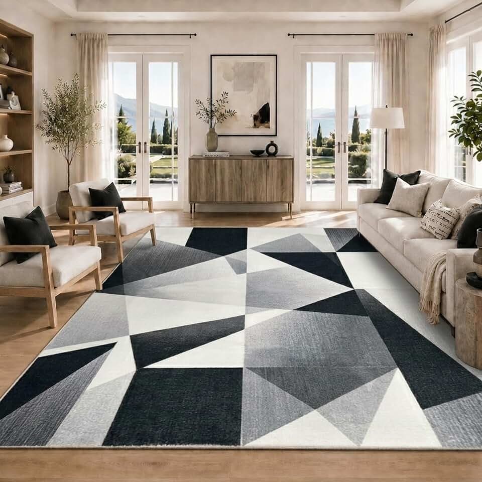8x10 Washable Area Rugs: Modern Geometric Rug for Living Room, Large No-Shedding Low-Pile Faux Wool Carpet, No-Slip Indoor Decor Rugs for Nursery Dinner Room Office Playroom Dorm(Triangle Grey)