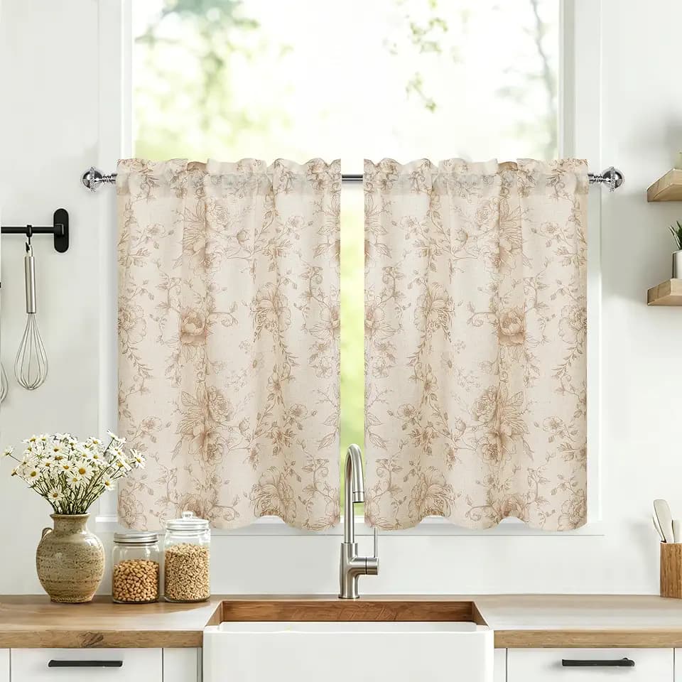 JIUZHEN Farmhouse Floral Linen Kitchen Curtains 24 Inch Length, Rod Pocket Rustic Light Filtering Tier Curtains for Livingroom/Bathroom, Taupe Peony Fragmented Flowers, 2 Panels