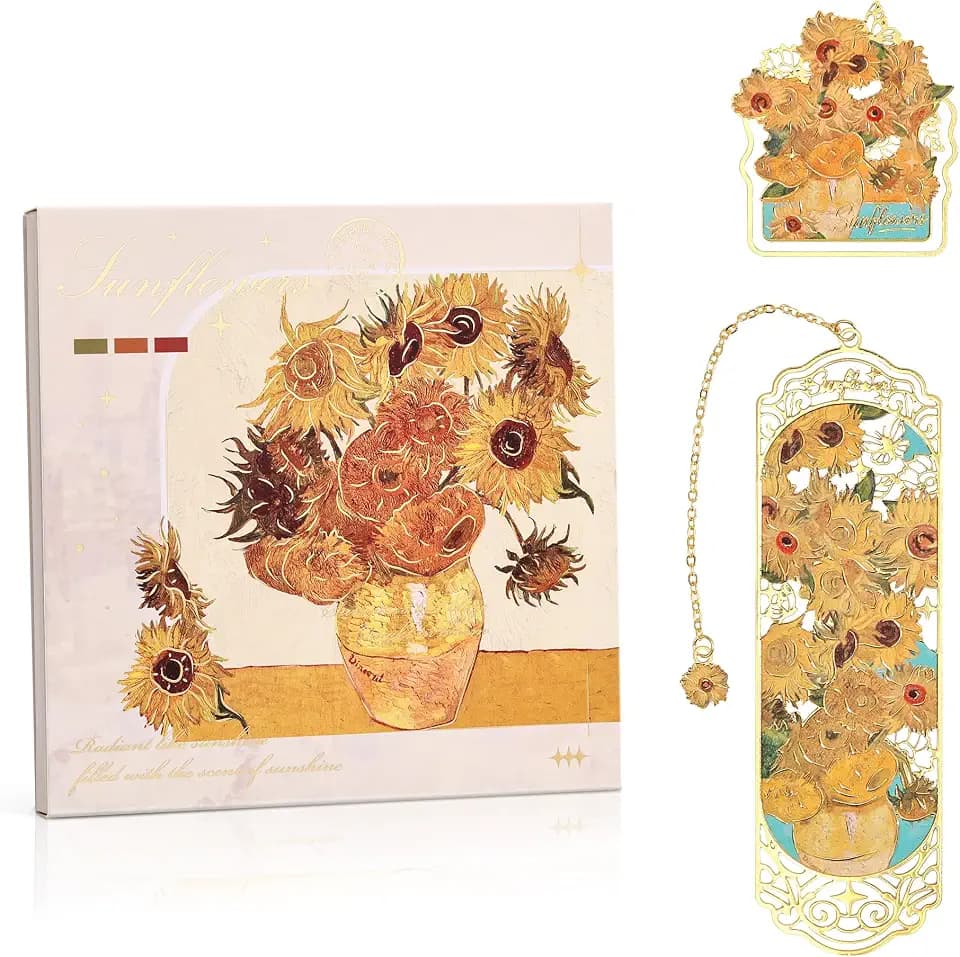 Luxury Metal Bookmark & Book Clip Gift Set, Oil Painting Themed Sunflowers, 1 Bookmark with Pendant + 1 Book Clip, Elegant Christmas New Year Gift Box for Women Book Lovers Writers Readers Teens