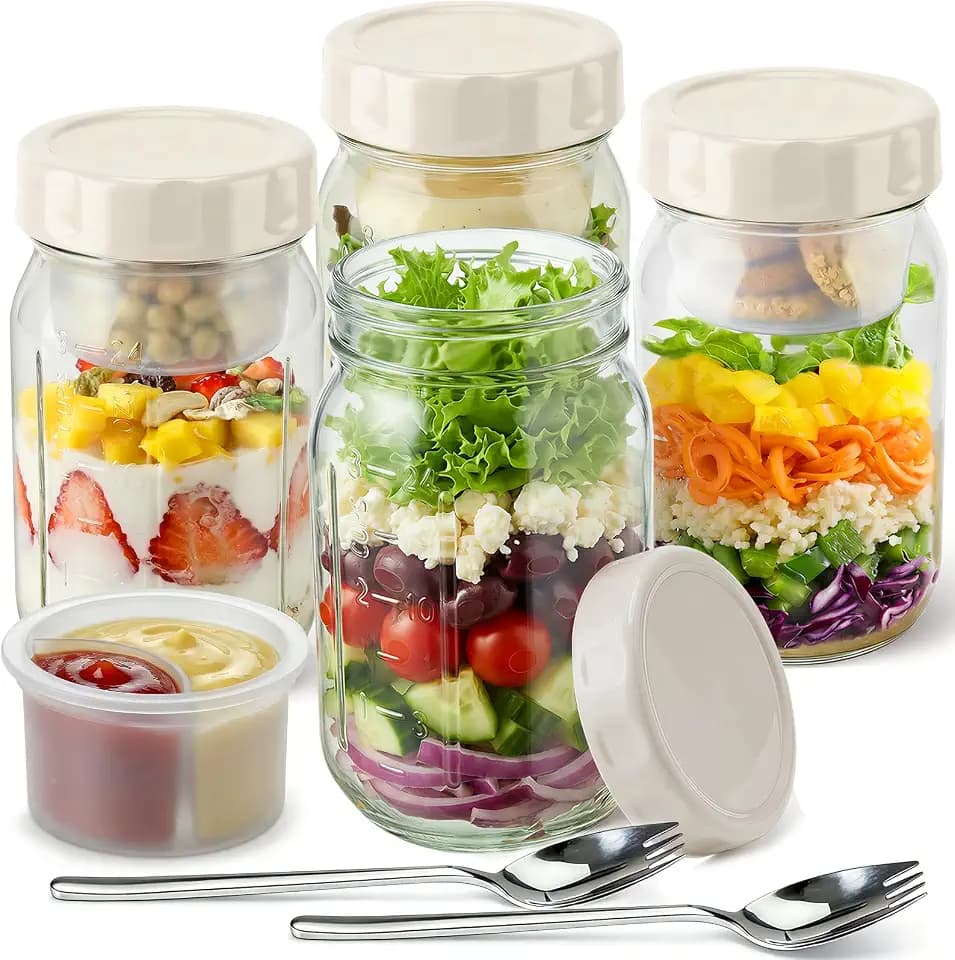 4 Pack Glass Salad Jars with Lids, 32oz Leakproof Glass Mason Jars for Salad & Meal Prep, Dressing Cup & 2 Forks, Leakproof Food Storage Containers for Lunch BPA Free & Reusable