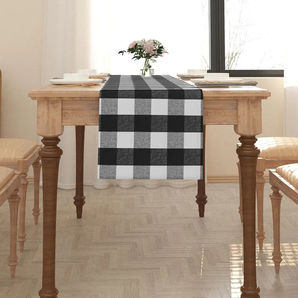 100% Cotton Black & White 2 Piece Fabric in 1 Buffalo Check Farmhouse Table Runner for Family Dinners or Gatherings, Indoor or Outdoor Parties, Everyday Use (12" x 60")