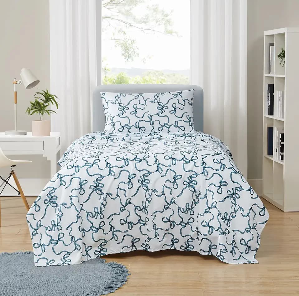 TRULY SOFT Printed Bow White/Blue 3 Piece Twin XL Sheet Set