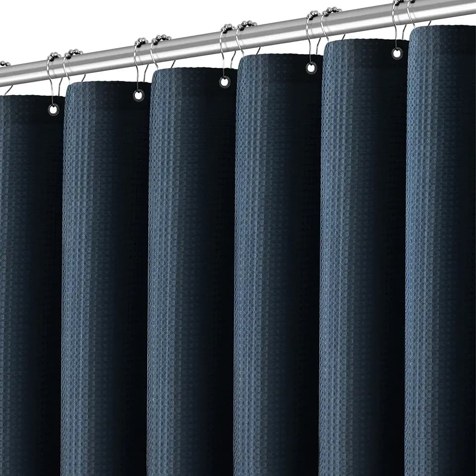 PANGSINNE Long Blue Shower Curtains for Bathroom Waffle Weave 84 Inches Length Heavy Duty Fabric Navy Shower Curtain, 256GSM Waterproof Luxury Shower Curtain with 12 Hooks, 72Wx84H Navy Blue