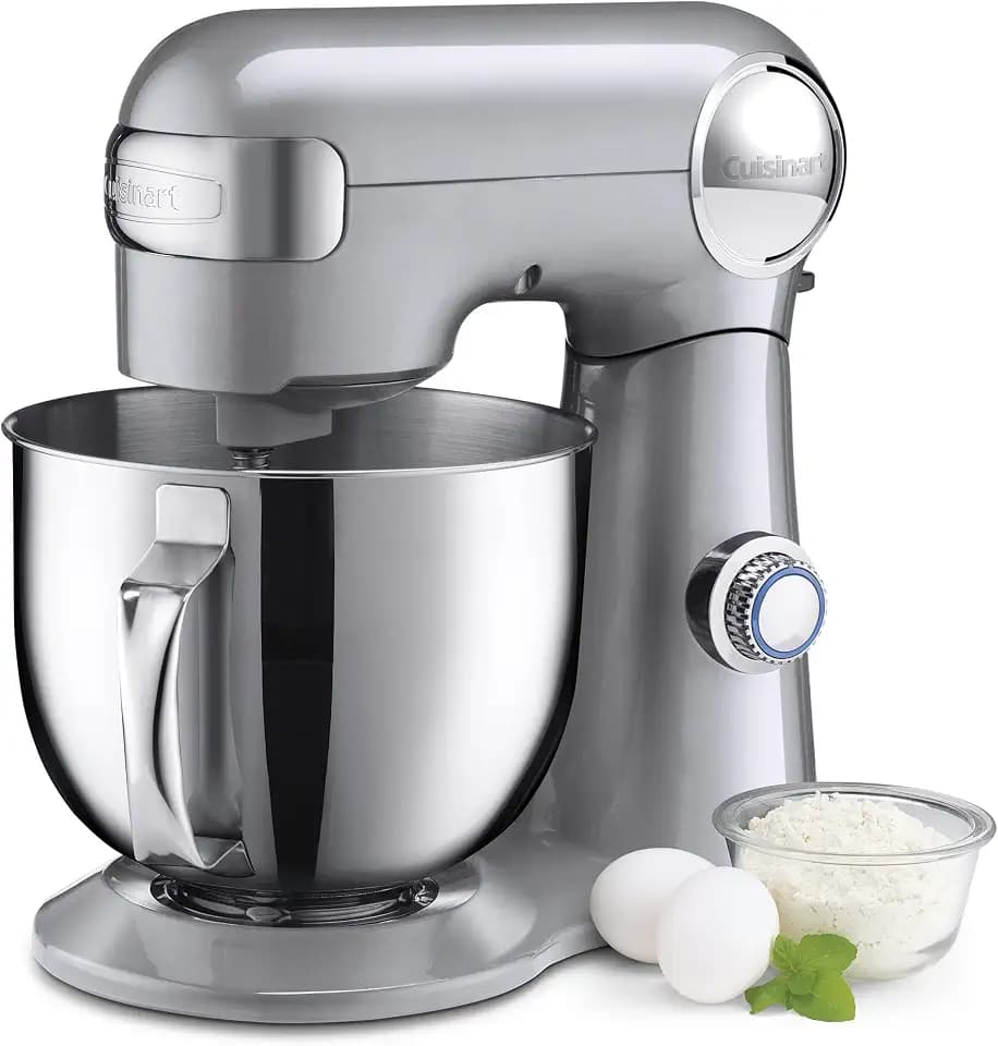 Cuisinart Stand Mixer, 12 Speeds, 5.5-Quart Mixing Bowl, Chef's Whisk, Flat Mixing Paddle, Dough Hook, and Splash Guard with Pour Spout, Silver Lining, SM-50BCNAS, Silver Lining