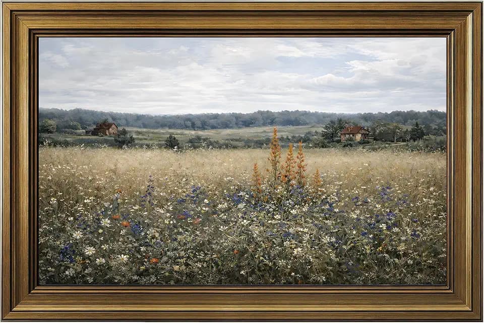 HISPACE Vintage Gold Framed Wall Art for Living Room,16X24 Inch Vintage Wildflower Field Canvas Wall Art,Classical Flowers Landscape Painting Prints,Unique Gift for Friends and Family