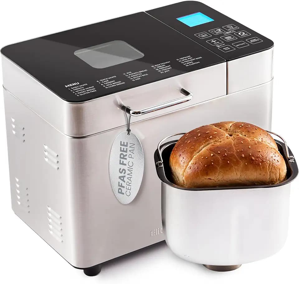 Elite Gourmet 2 Lb Bread Maker, PFAS-Free Ceralast™ Pan, 19 Functions