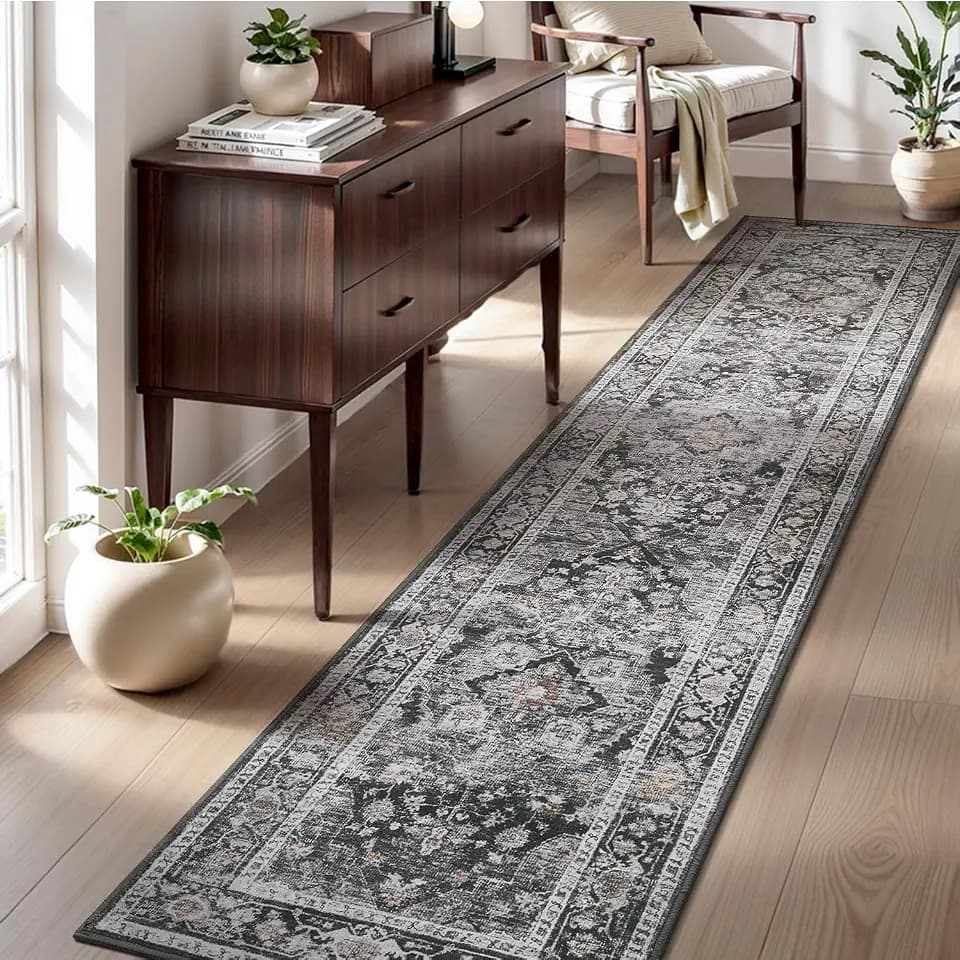 AMOAMI-2X10 Runner Rug-Washable Runners for Hallways-Soft Non Slip Bedside Rugs for Bedroom-Vintage Long Rug for Hallways Entryway Laundry Room Stair Kitchen Bathroom Dark Grey & Black