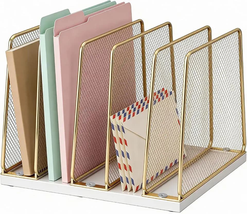 LEKETREE Gold Desk File Organizer, 5-Section Upright File Sorter, Vertical File Folder Holder, Mesh Metal Wood Office Desk Organizer for Document, Magazine, Books and more (White and Gold)