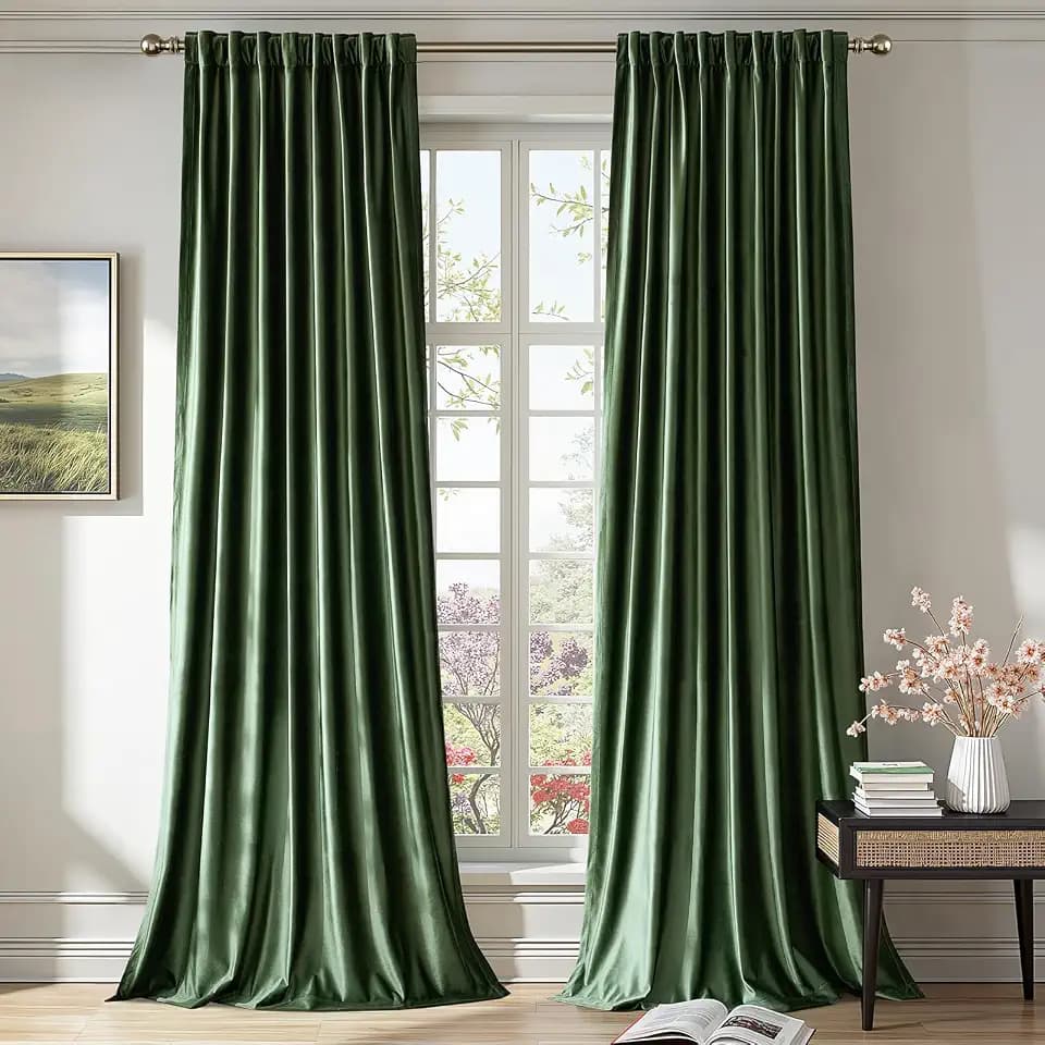 PRIMROSE Emerald Olive Green Velvet Curtains 96 inch Long for Living Room,Set of 2 Panels Blackout Rod Pocket Back Tab Window Treatment Room Darkening Heavy Decorative Curtains Drapes for Bedroom