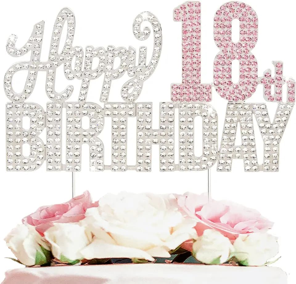 Happy 18th Birthday Pink & Silver Rhinestone Cake Topper - Cheers to 18 Years Old Eighteen Bday Metal Sparkly Cake Centerpieces Topper Decorations Sign.