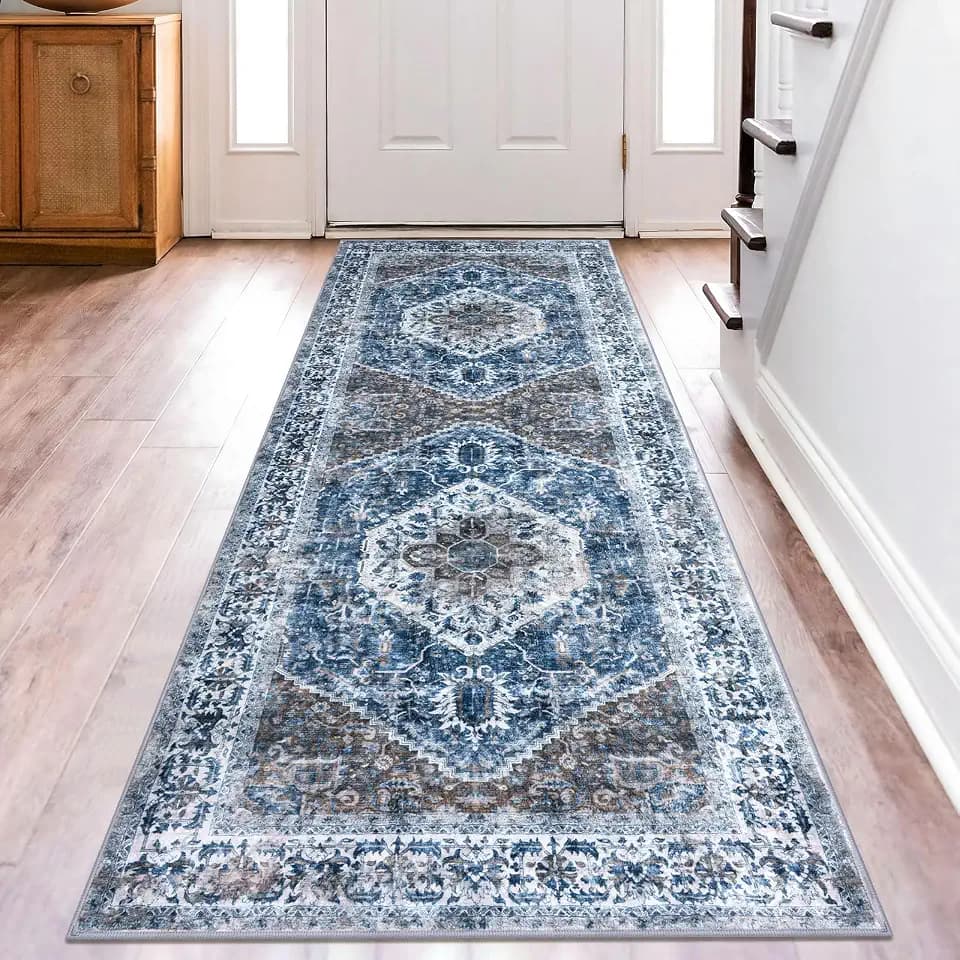 KOZYFLY Runners for Hallways 2.6x8 Ft Washable Kitchen Runner Rug Boho Runner Rug for Entryway Indoor Blue Printed Oriental Faux Wool Floor Carpet Runner for Bedroom Kitchen Hall