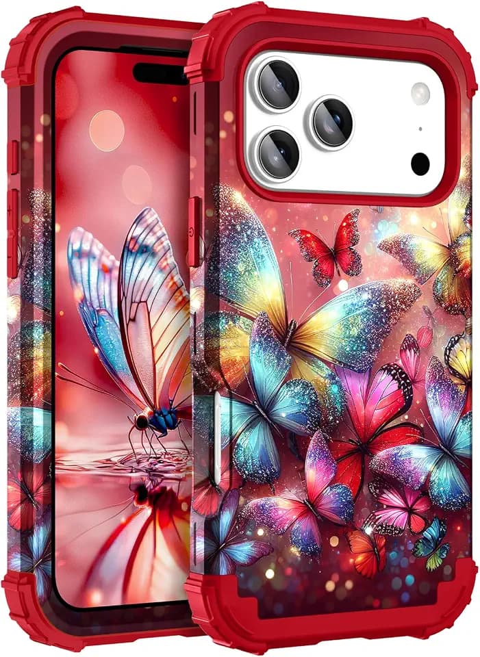 Hocase Heavy Duty Case for iPhone 17 Pro Max, Shimmering Butterflies in Red