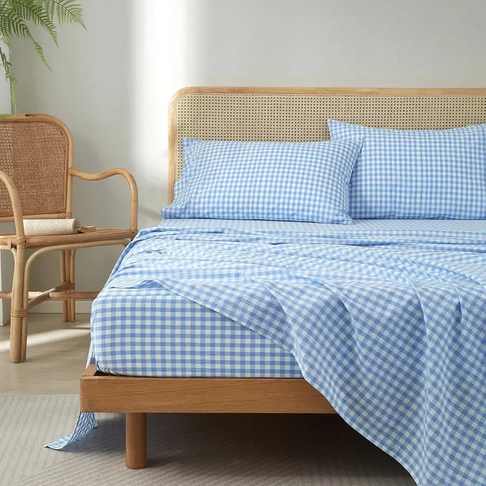 Blue Gingham Sheets Set Twin, 100% Washed Cotton Blue Plaid Twin Bed Sheets, Breathable Soft Comfy Vintage Checkered Grid Sheets Set, Farmhouse Gingham Plaid Bedding Sheets with 16” Deep Pocket