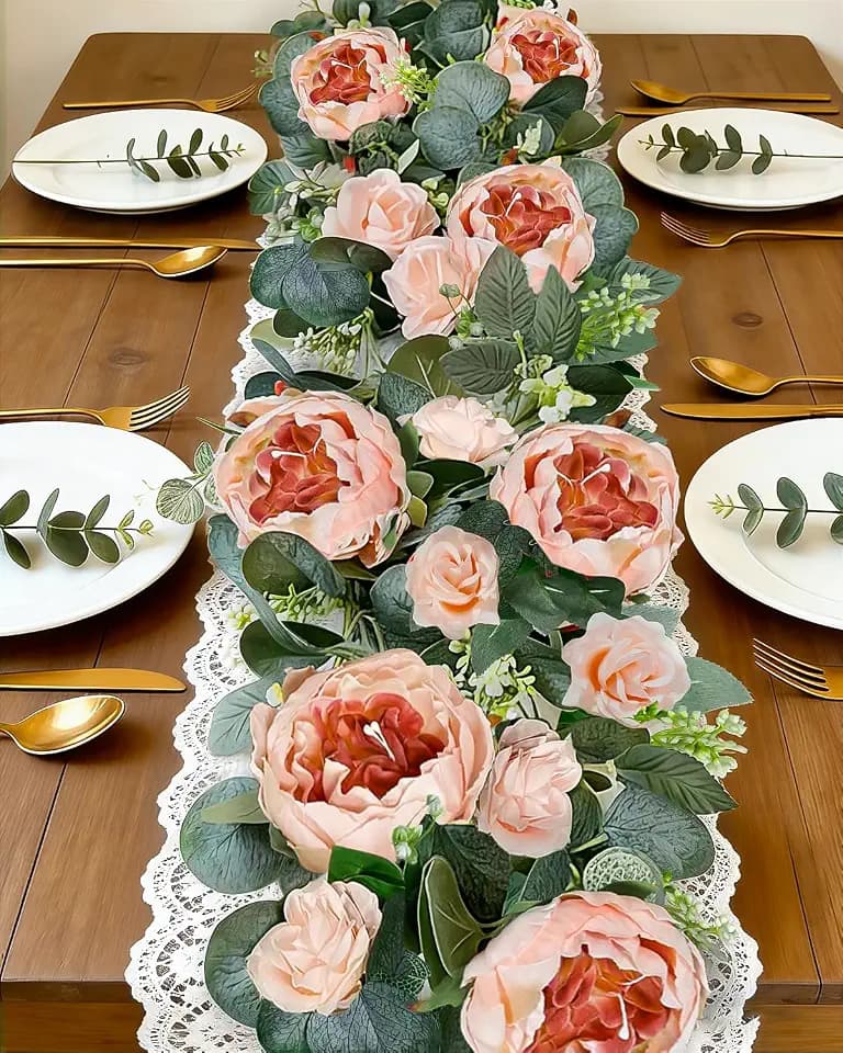 2 Pack 12Ft Artificial Eucalyptus Floral Garland with 16 Flowers Vintage Peony Rose, Pink Fake Flower Greenery Spring Garland Floral Vines for Mantle Wedding Arch Home Table Runner Backdrop Decor