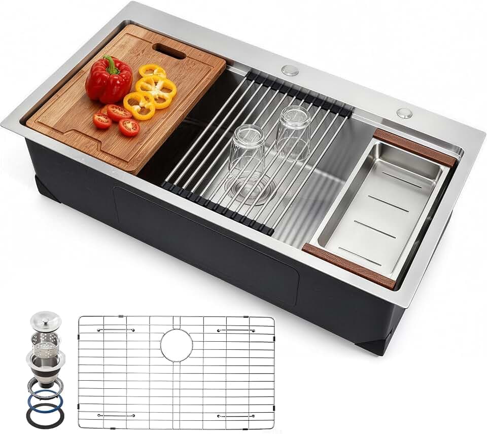 VEVOR Drop In Kitchen Sink 33 Inch Kitchen Sink Workstation, 304 Stainless Steel Top Mount Sinks, Drop-In Single Bowl with Ledge & Multiple Accessories Sink for RV, Prep Kitchen, Bar 33 x 22 x 9inch