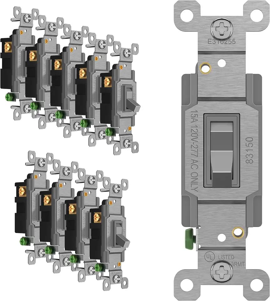 ENERLITES 83150-GR-10PCS Toggle Light Switch, 3-Way or Single Pole, 15A 120-277V, Grounding Screw, Residential Grade, UL Listed, 83150-GY-10PCS, Gray (10 Pack), 10 Count