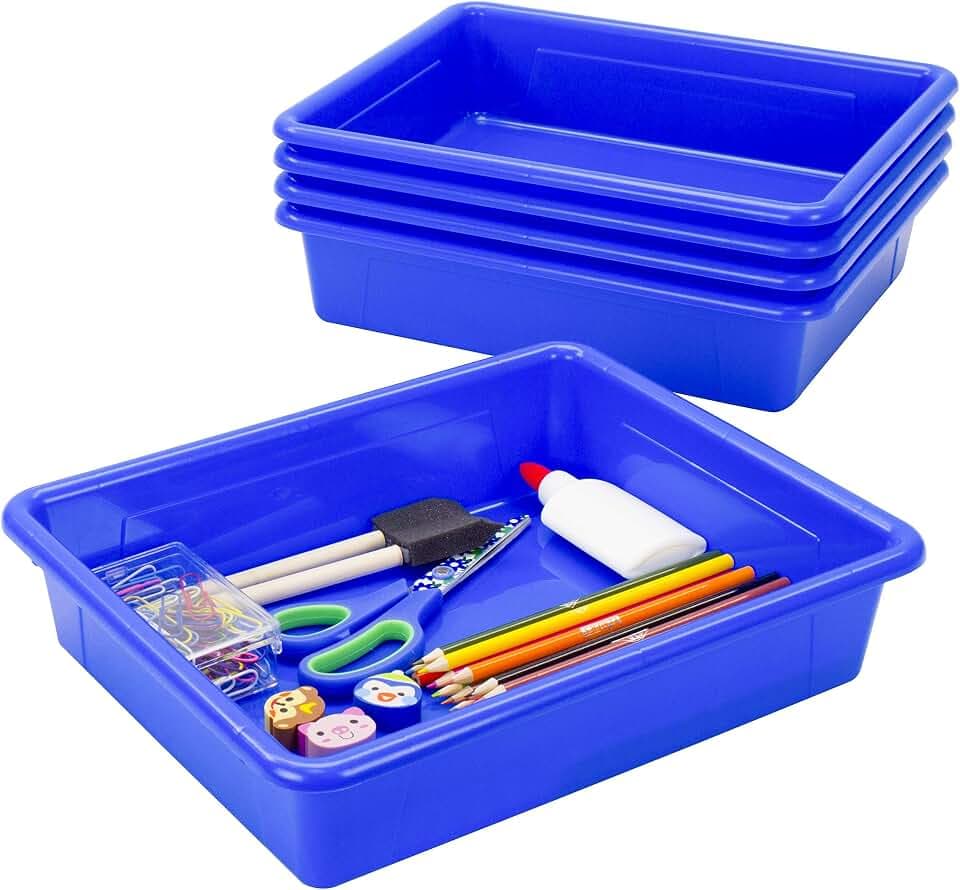 Storex Letter Size Flat Storage Tray – Organizer Bin for Classroom, Office and Home, Blue, 5-Pack (62517U05C)