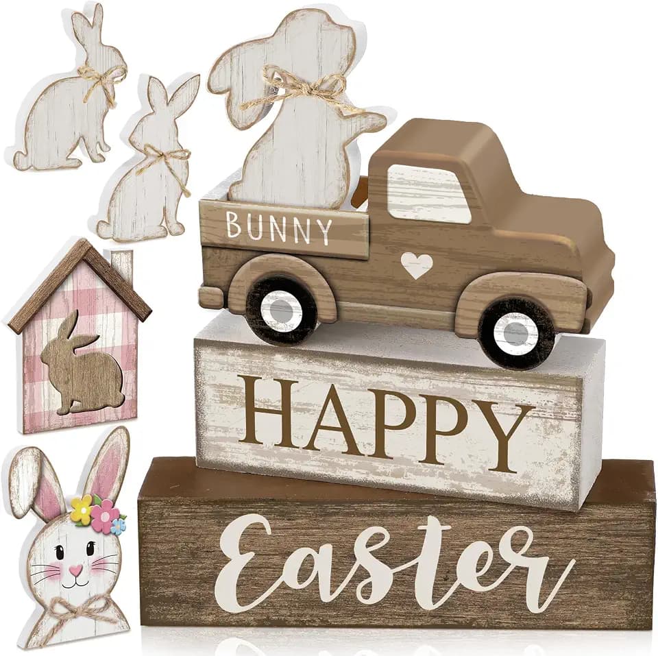 Junkin 8 Pcs Easter Table Decorations - Wooden Rabbit & Bunny House & Truck Tiered Tray Decor, Replaceable Rustic Block Signs, Happy Easter Centerpiece for Kitchen Home Shelf, Holy Week Party Gift