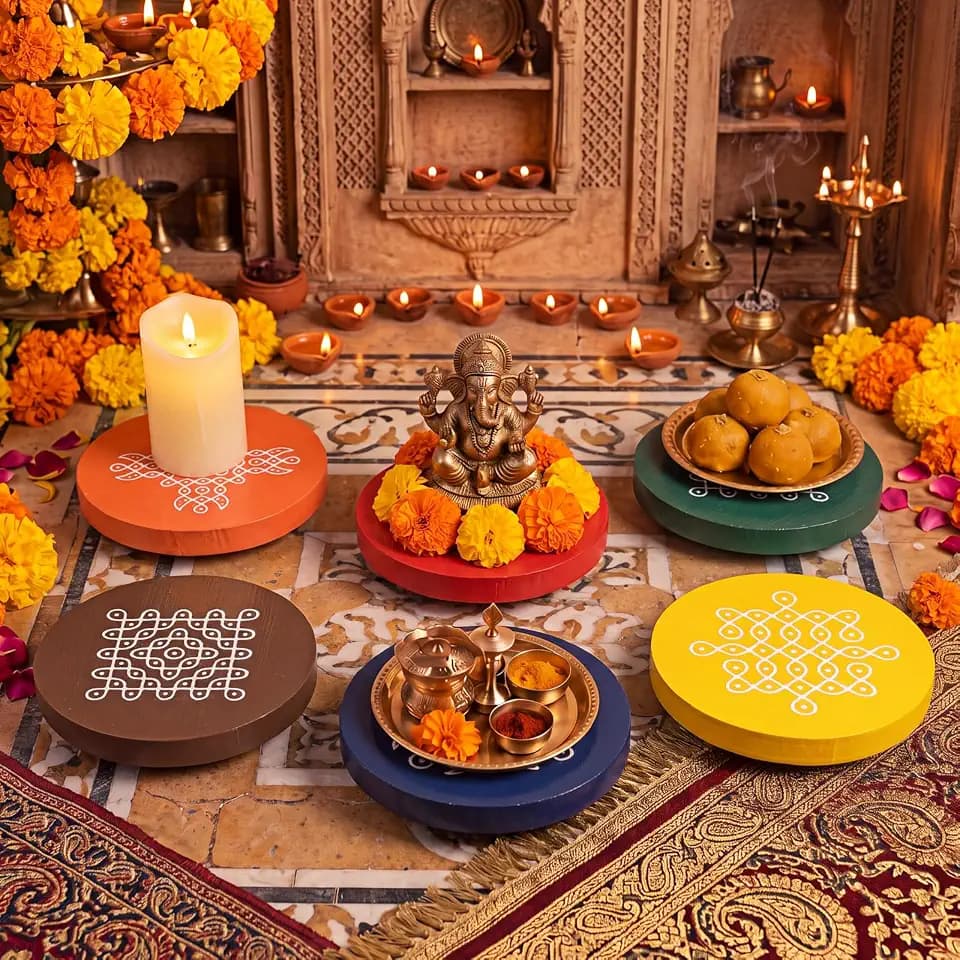 Kolam Trays Indian Return Gifts, Ganesh Pooja Chowki, 6 Pcs, Colorful
