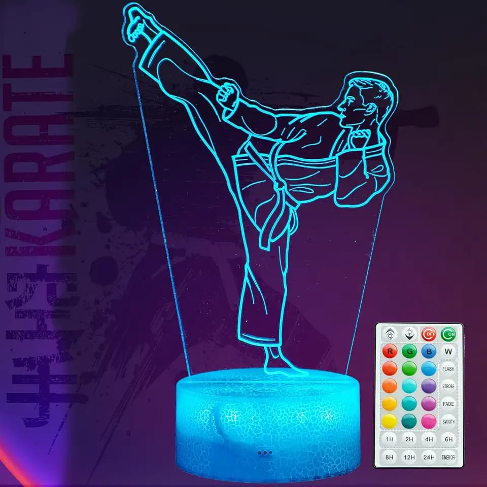 Karate Night Light, Karate Gifts, Taekwondo 3D Illusion Lamp with 16 Colors Changing, Timer, 4 Flash Modes and Dimmable, Martial Arts Kids Boys Girls Room Decoration, Holiday Xmas Gifts