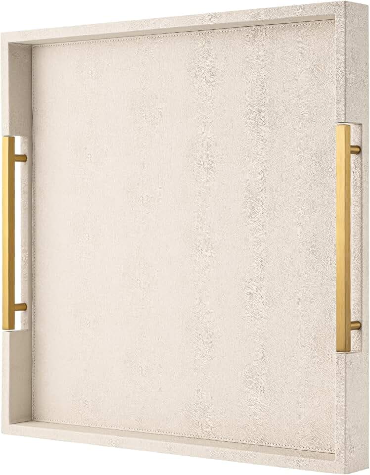 Beige Faux Leather Serving Tray with Handles – Large Decorative Tray for Coffee Table, Ottoman, Living Room, Bathroom – Home Decor
