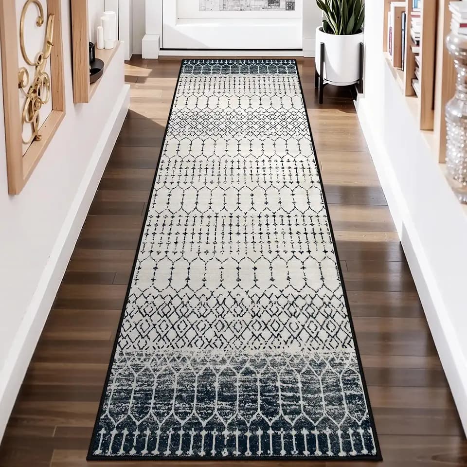 Lahome Moroccan Hallway Runner Rug, Washable Black 2x8 Rug Runner Ultra-Thin Stain Resistant Kitchen Carpet with Rubber Backing Non Slip, Geometric Print Floor Carpet Mat for Entryway Bedroom Hana