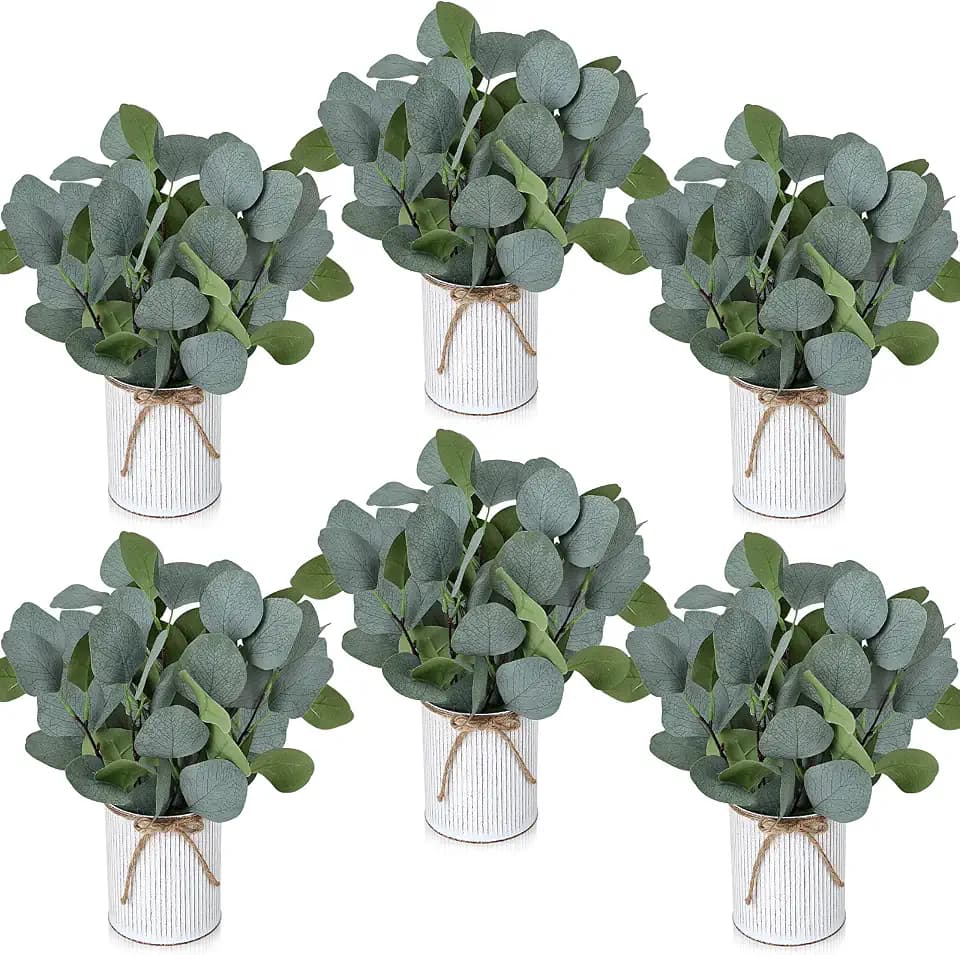 Eucalyptus Table Centerpieces - Set of 6 Artificial Greenery Plants with Farmhouse Metal Vase for Home Kitchen Decorations